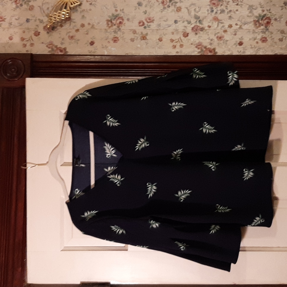 Ann Taylor classic blouse.  Navy background.  Palm fronds in shades of green